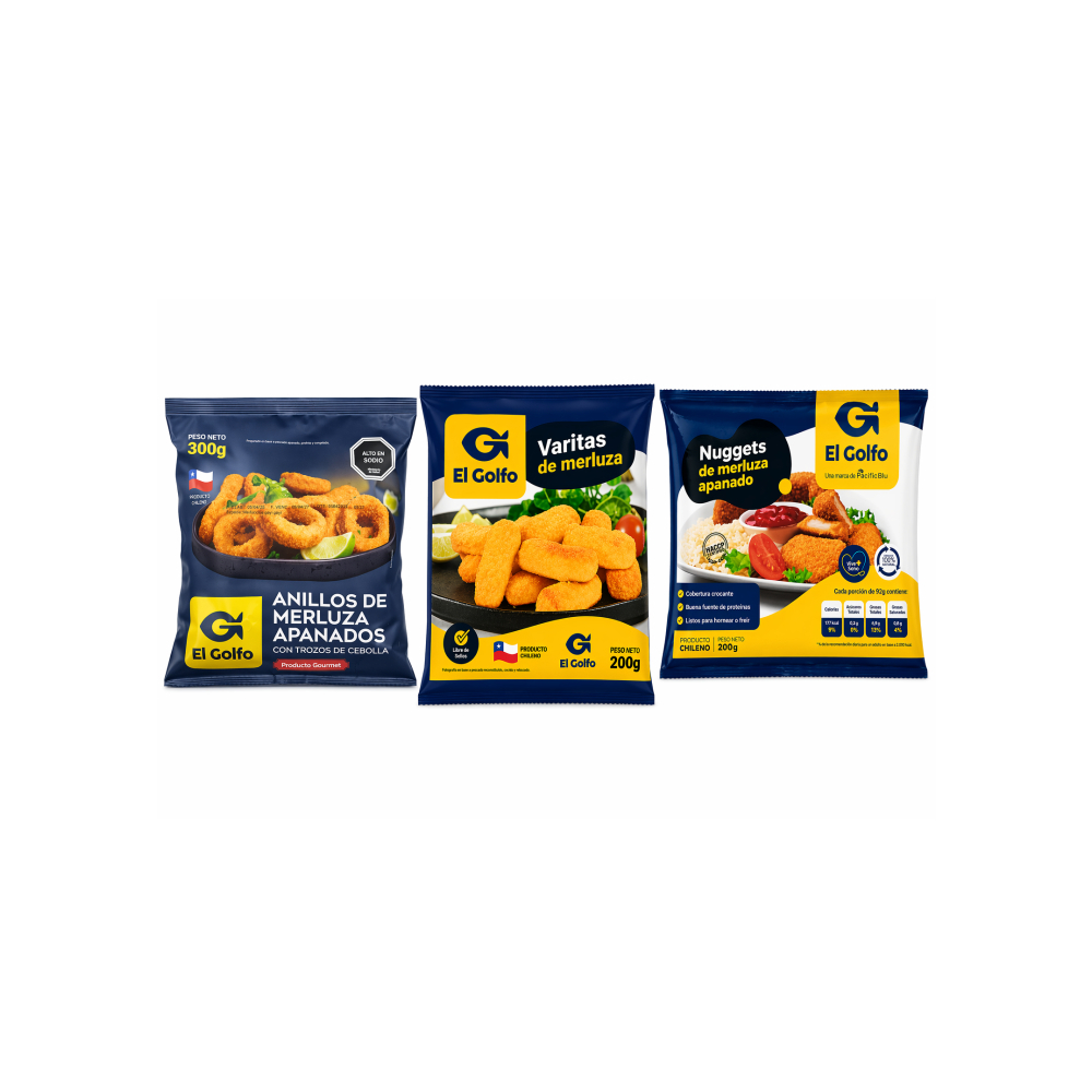 Varitas de merluza +Nuggets de merluza apanados + Anillos de merluza apanados con trozos de cebolla