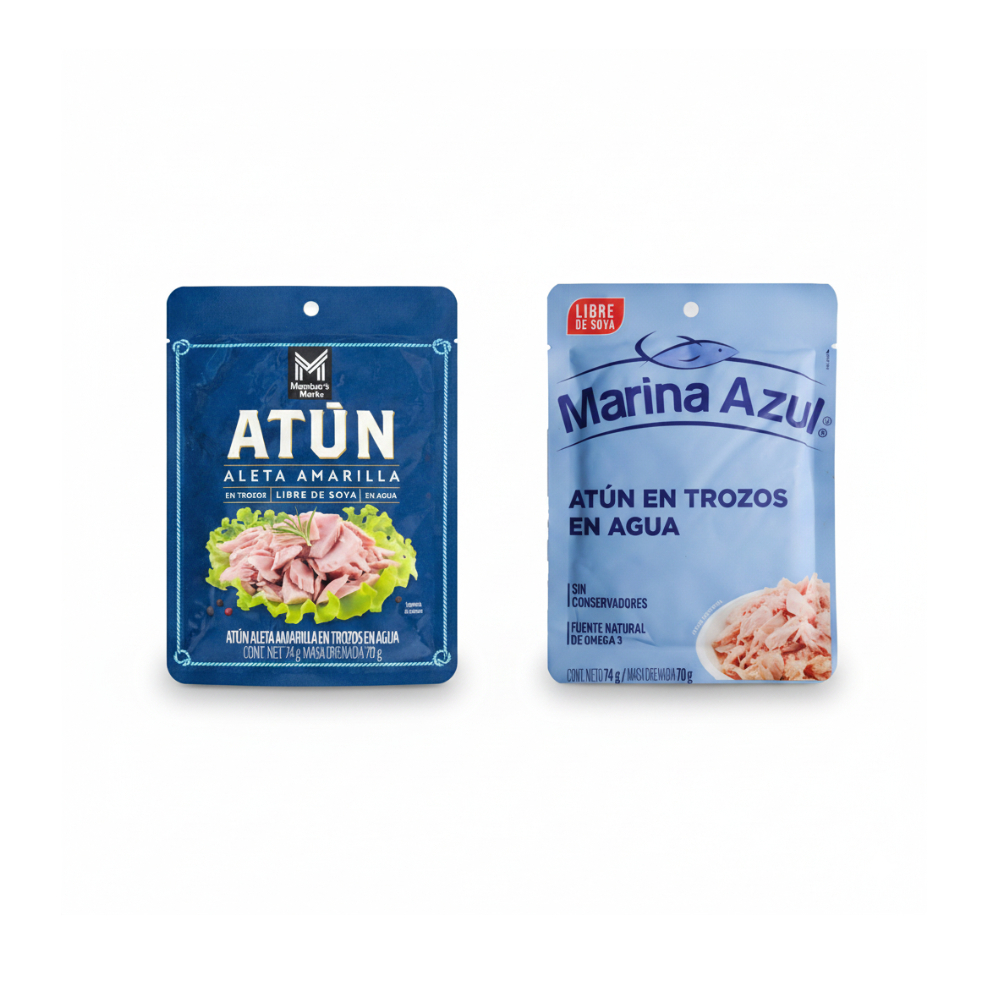 Atún aleta amarilla en trozos en agua Member's Mark (74 g / 2.61 oz) + Atún en trozos en agua Marina Azul (74 g / 2.6 oz)